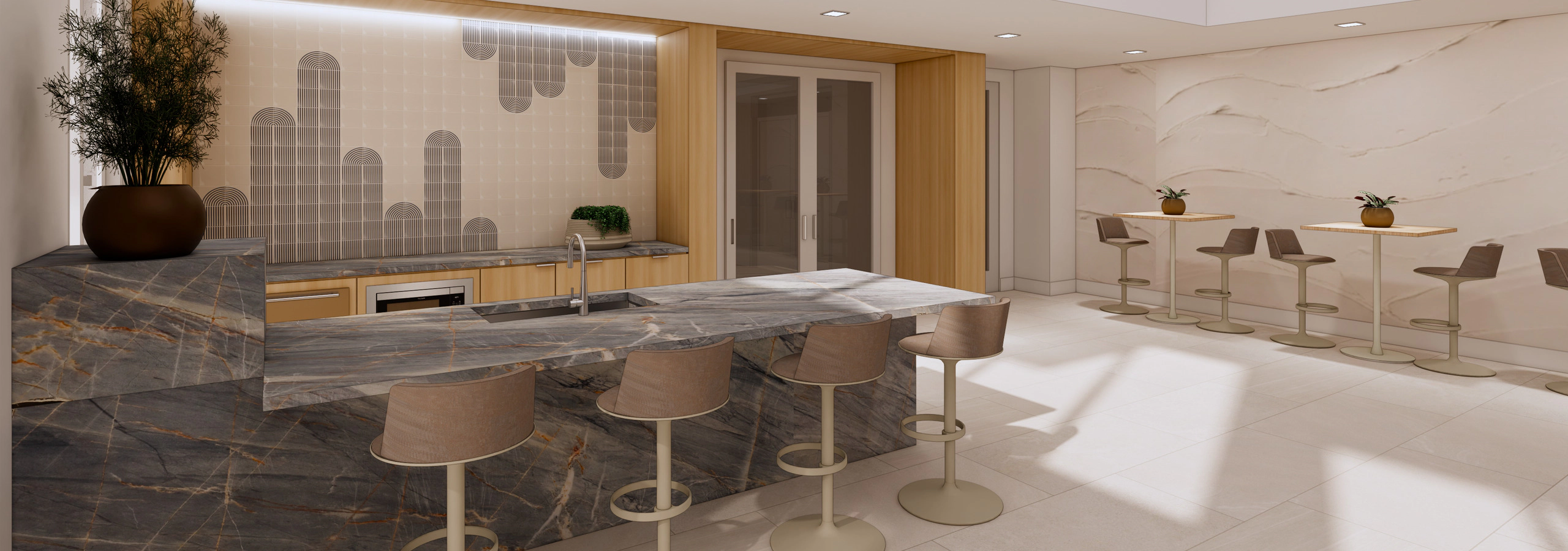 Interior view of renovated club room at AMLI Lex on Orange apartments with marble bar, barstools, tile backsplash, and built in cabinetry