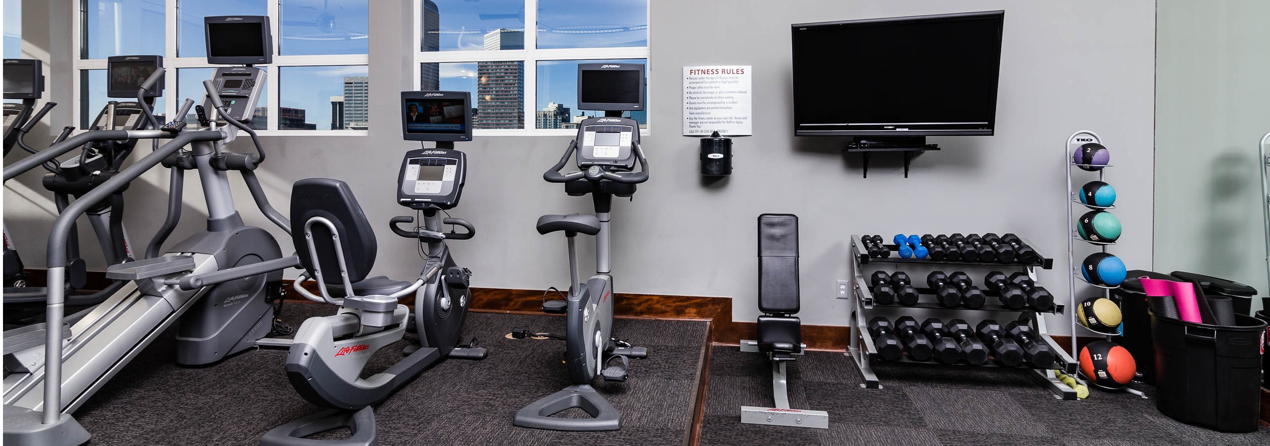 Interior view of a fitness center at AMLI Park Ave apartments with free weights and a television and various cardio machines