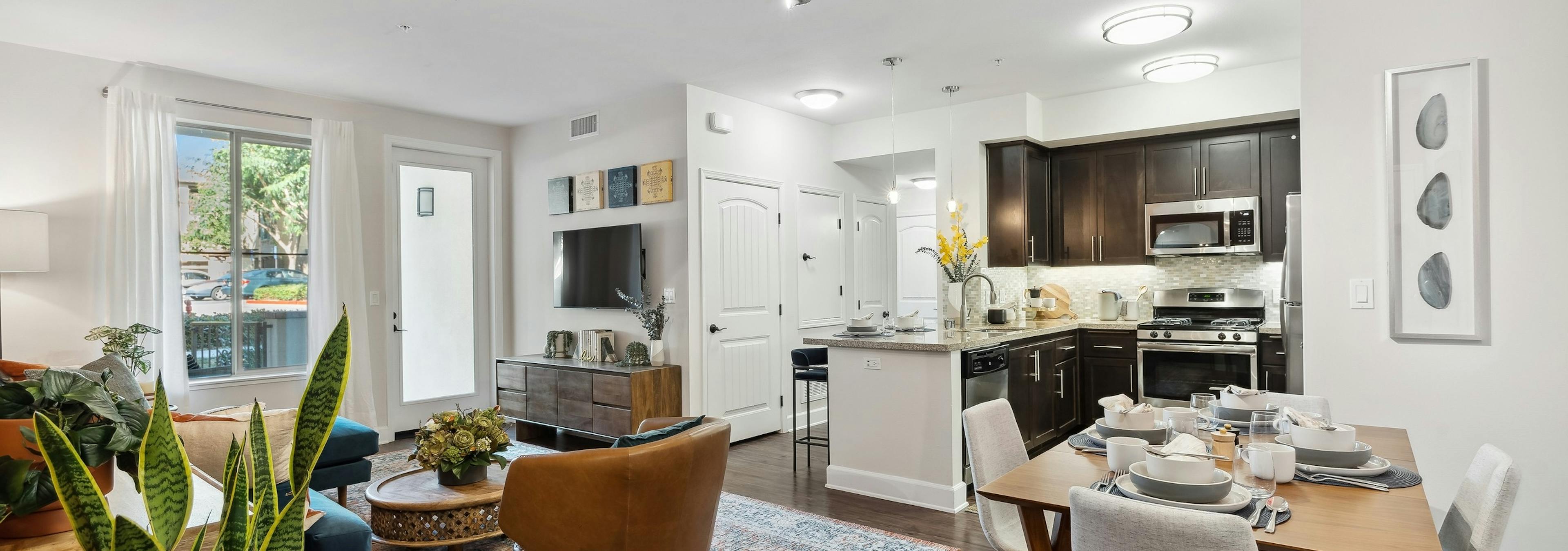 Colorfully decorated living and dining room with large area rug and dining table facing kitchen at AMLI Spanish Hills