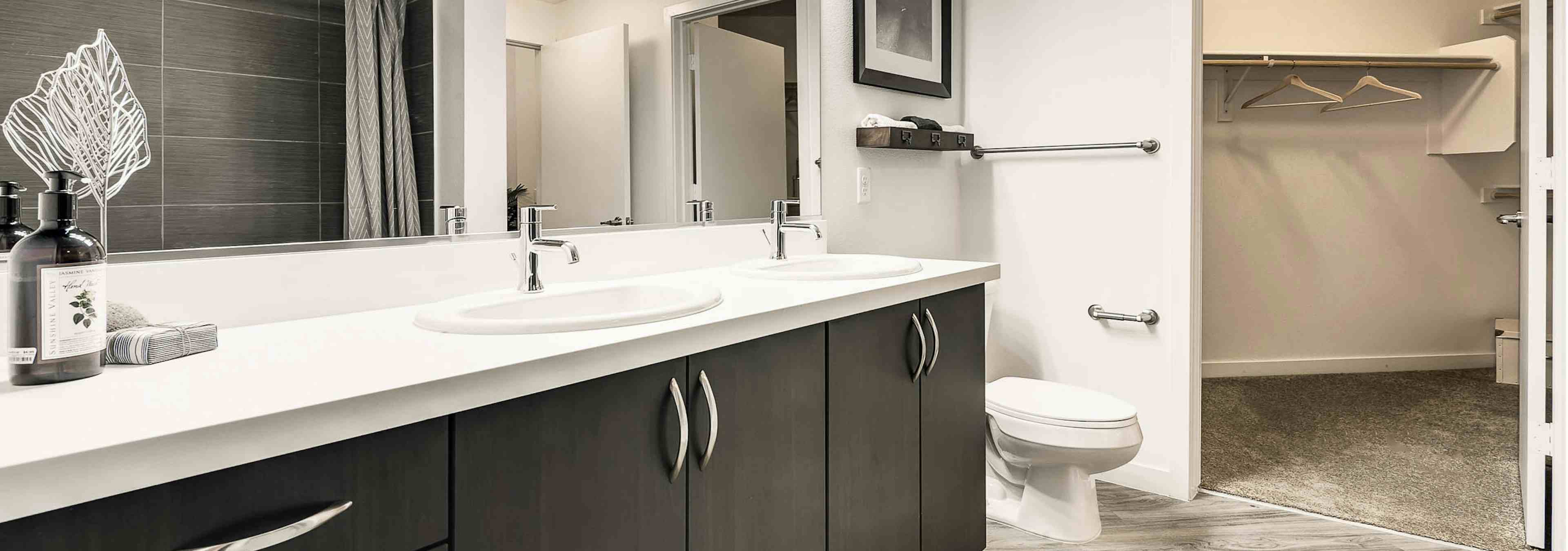 A bathroom at AMLI Cherry Creek apartments with a white counter top and stainless steel fixtures and a mirror and closet view