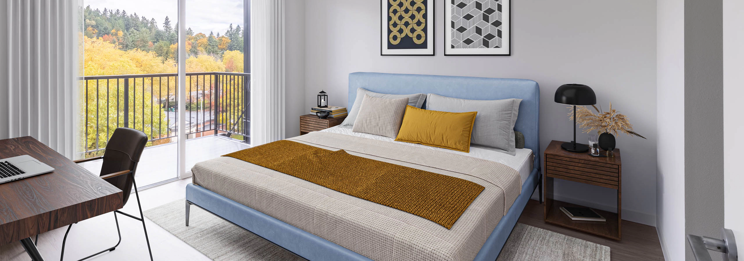 Apartment bedroom at AMLI Redmond Way featuring a large bed with a blue headboard and floor to ceiling windows that face tall trees