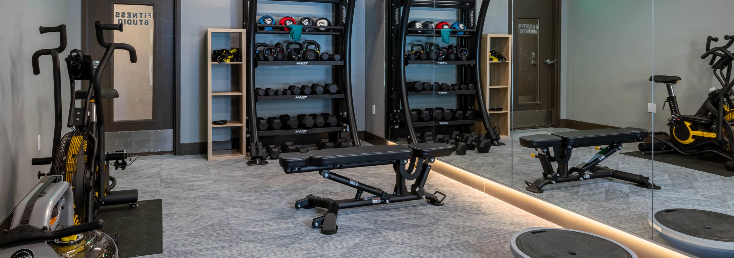 Fully equipped fitness studio with free weights, and cardio equipment with a full- length mirror and a mounted TV.