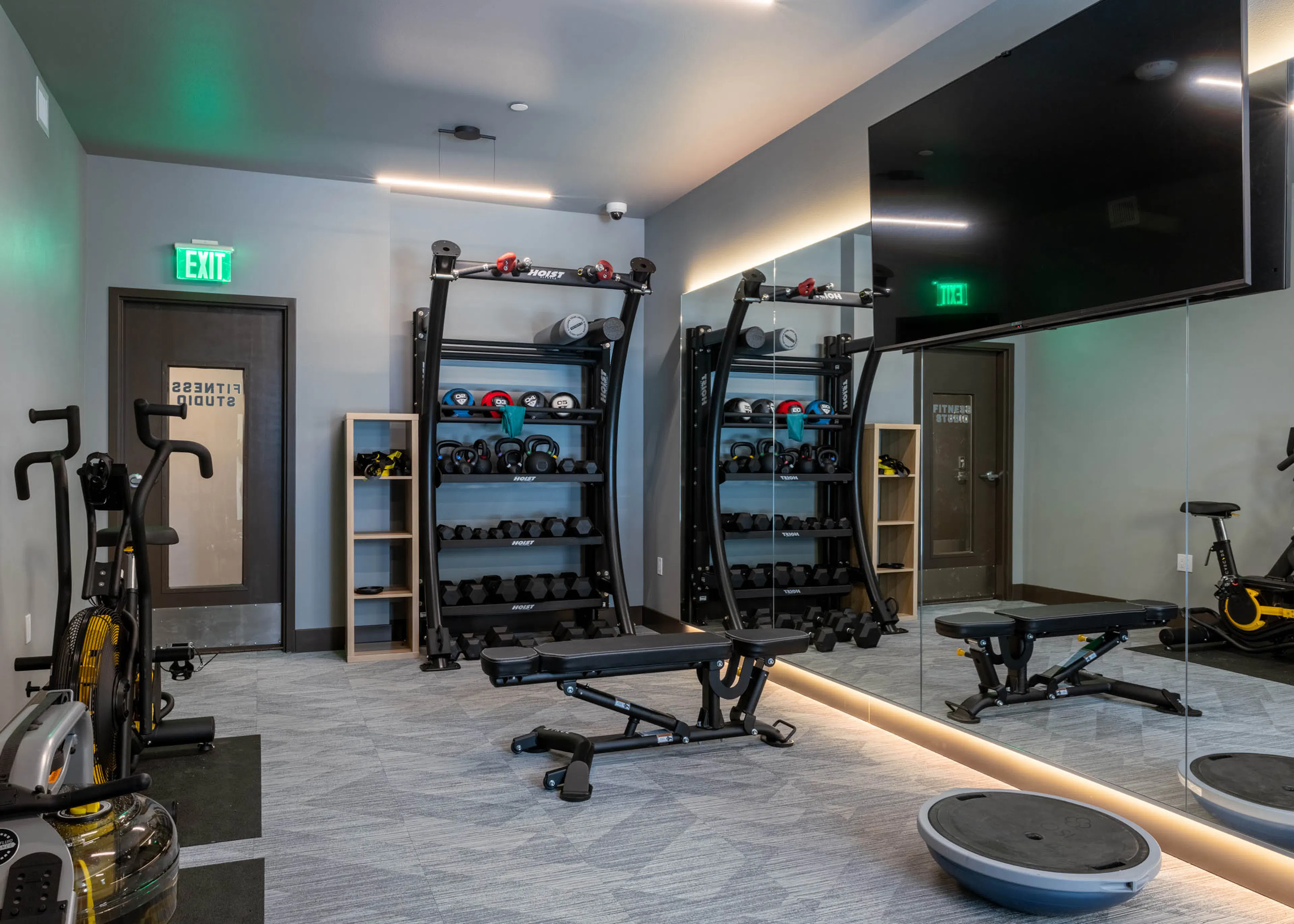 Fully equipped fitness studio with free weights, and cardio equipment with a full- length mirror and a mounted TV.