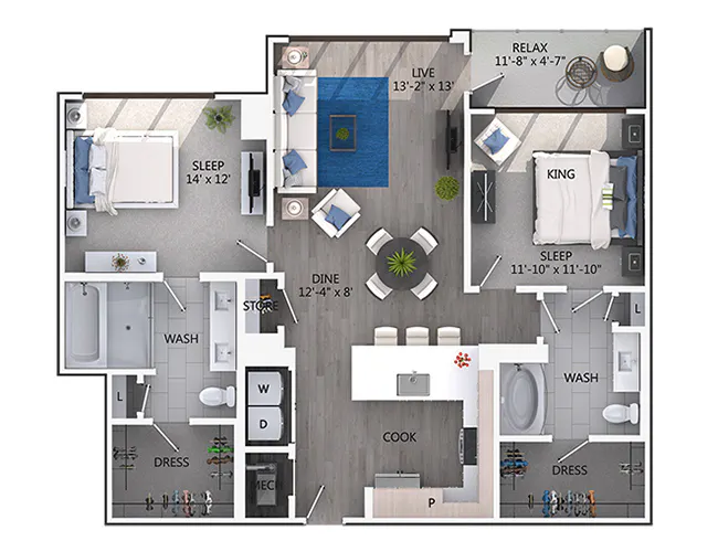 C6 floor plan, 2 Bedroom, 2 Bathroom at AMLI 3464 apartments