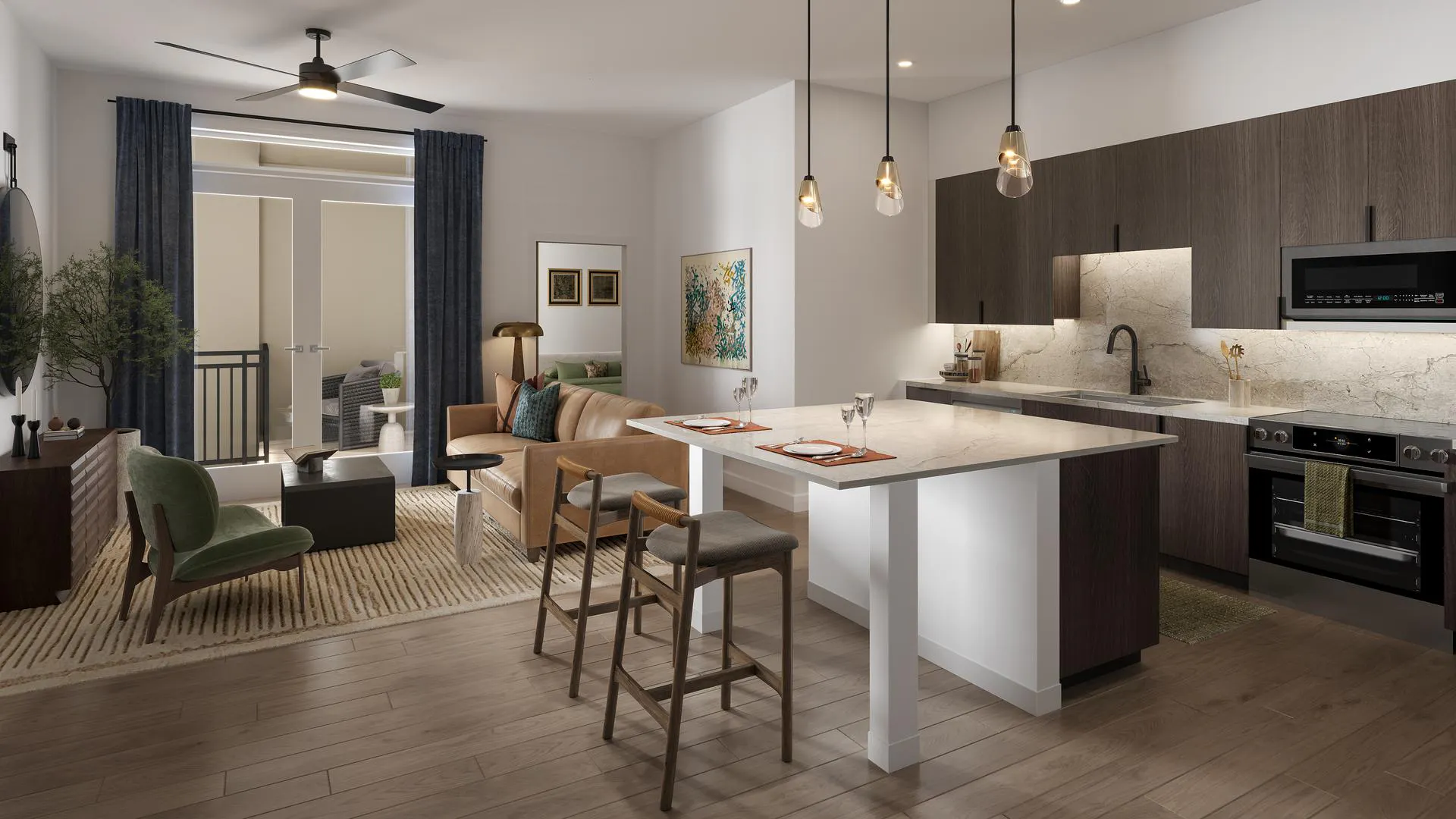 A rendering of a sleek grey and white apartment living room and kitchen at AMLI Treehouse