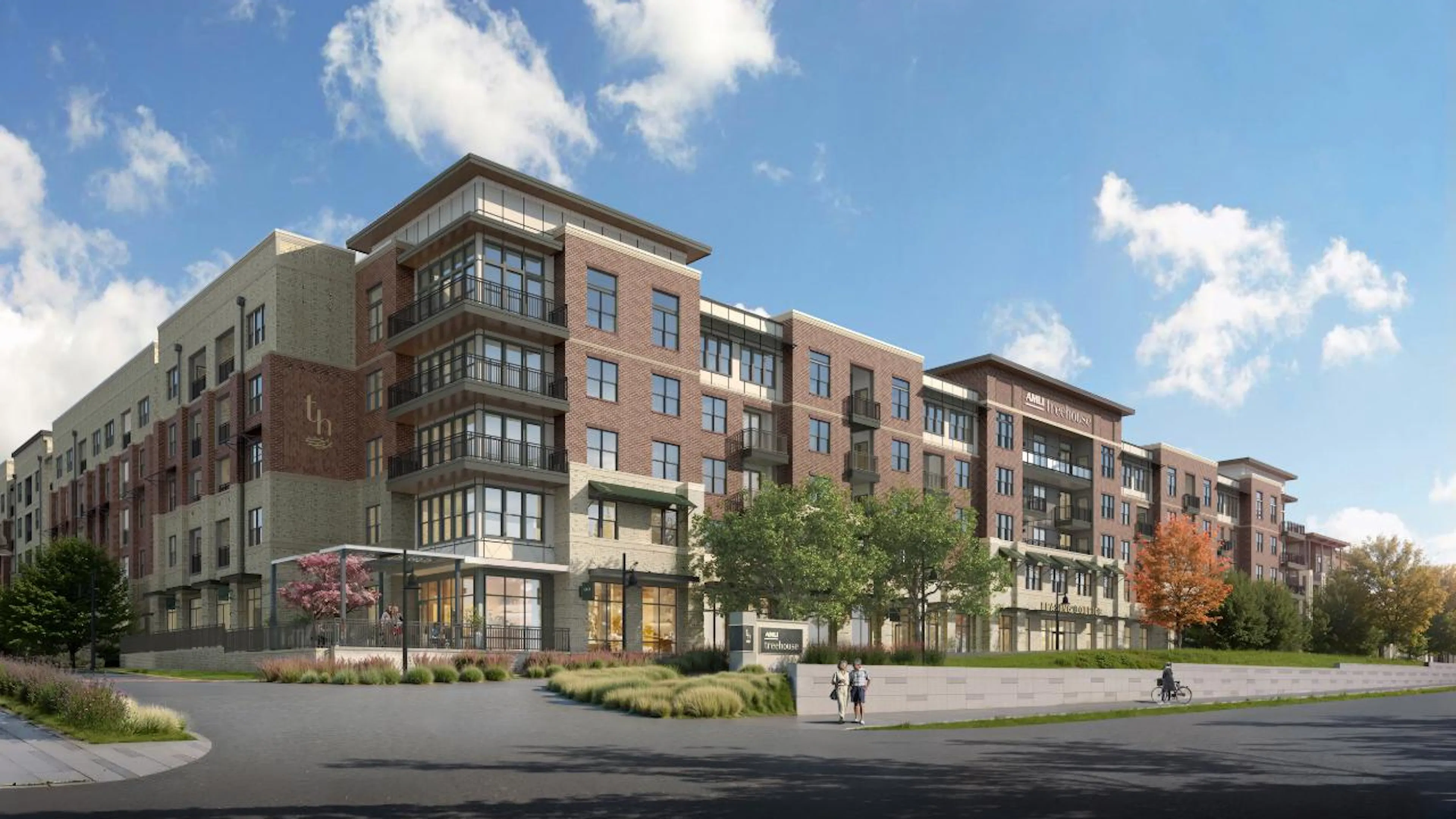 Rendering of AMLI Treehouse's exterior showing a multi-story apartment community on a tree-lined street