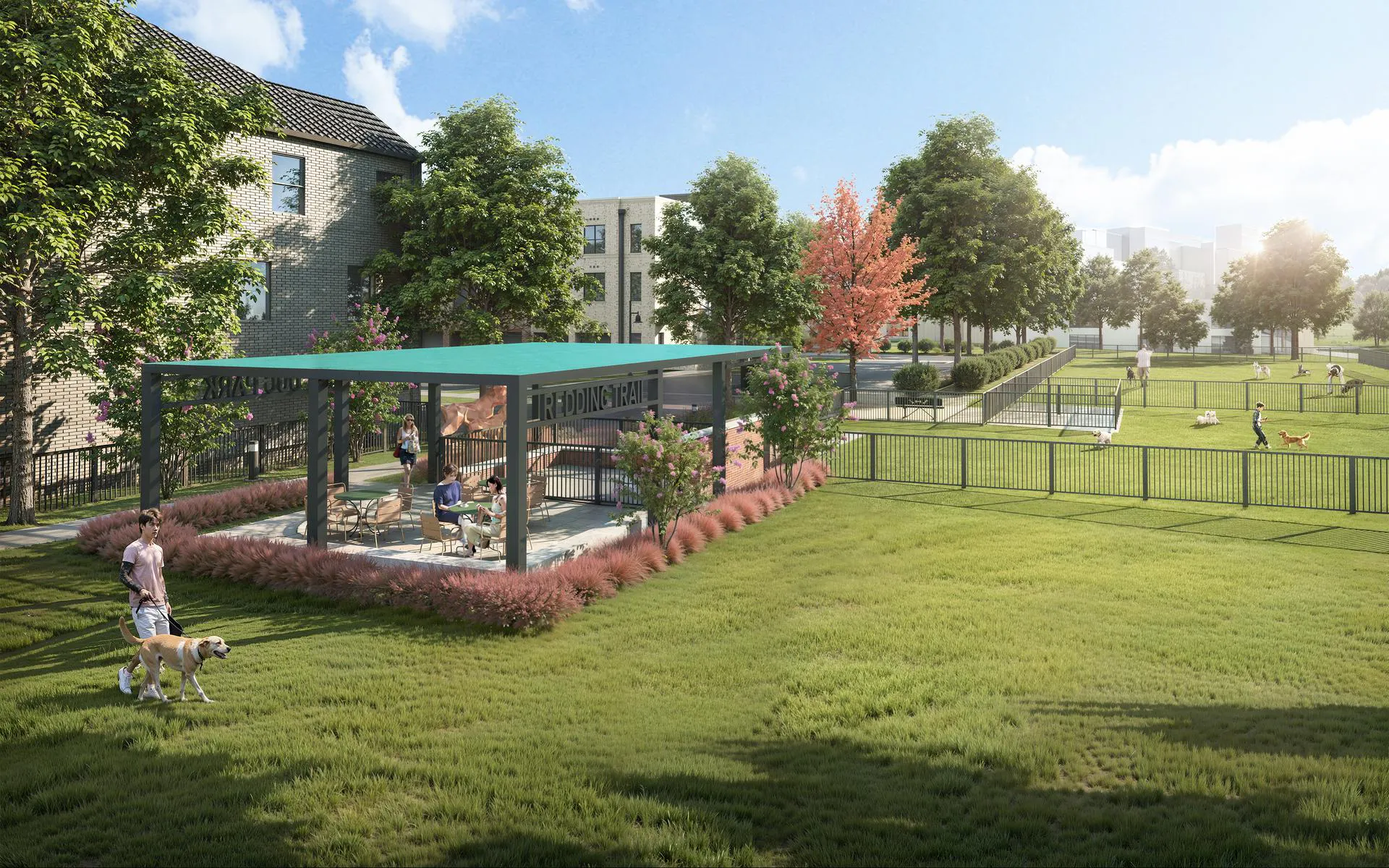 Rendering of AMLI Treehouse's pet park and covered picnic area