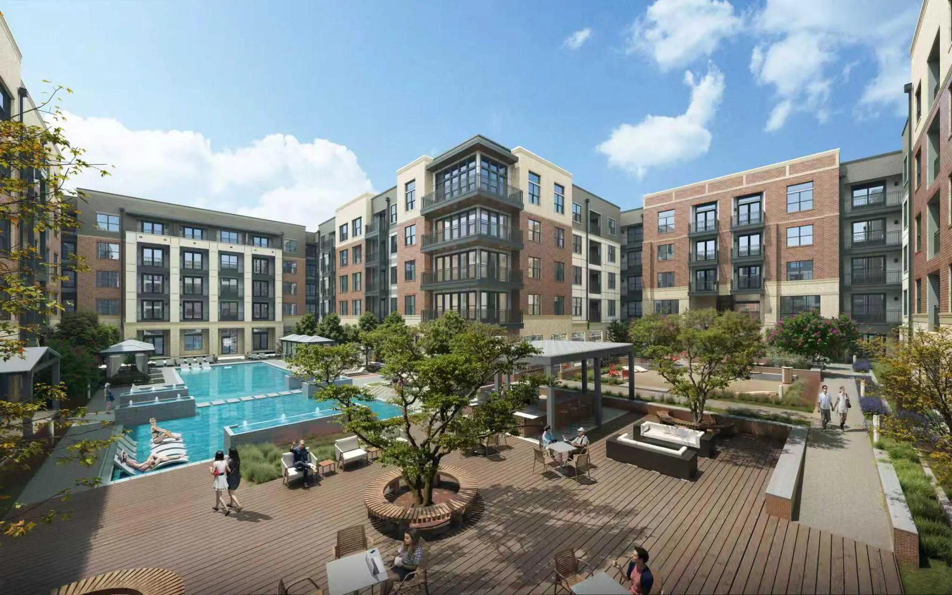 A rendering of AMLI Treehouse's courtyard and pool