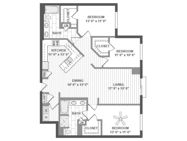 D610 floor plan, 3 Bedroom, 2 Bathroom at AMLI Evanston apartments
