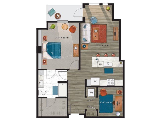 A6cD floor plan, 1 Bedroom, 1 Bathroom, Den/Office at AMLI at Uptown apartments