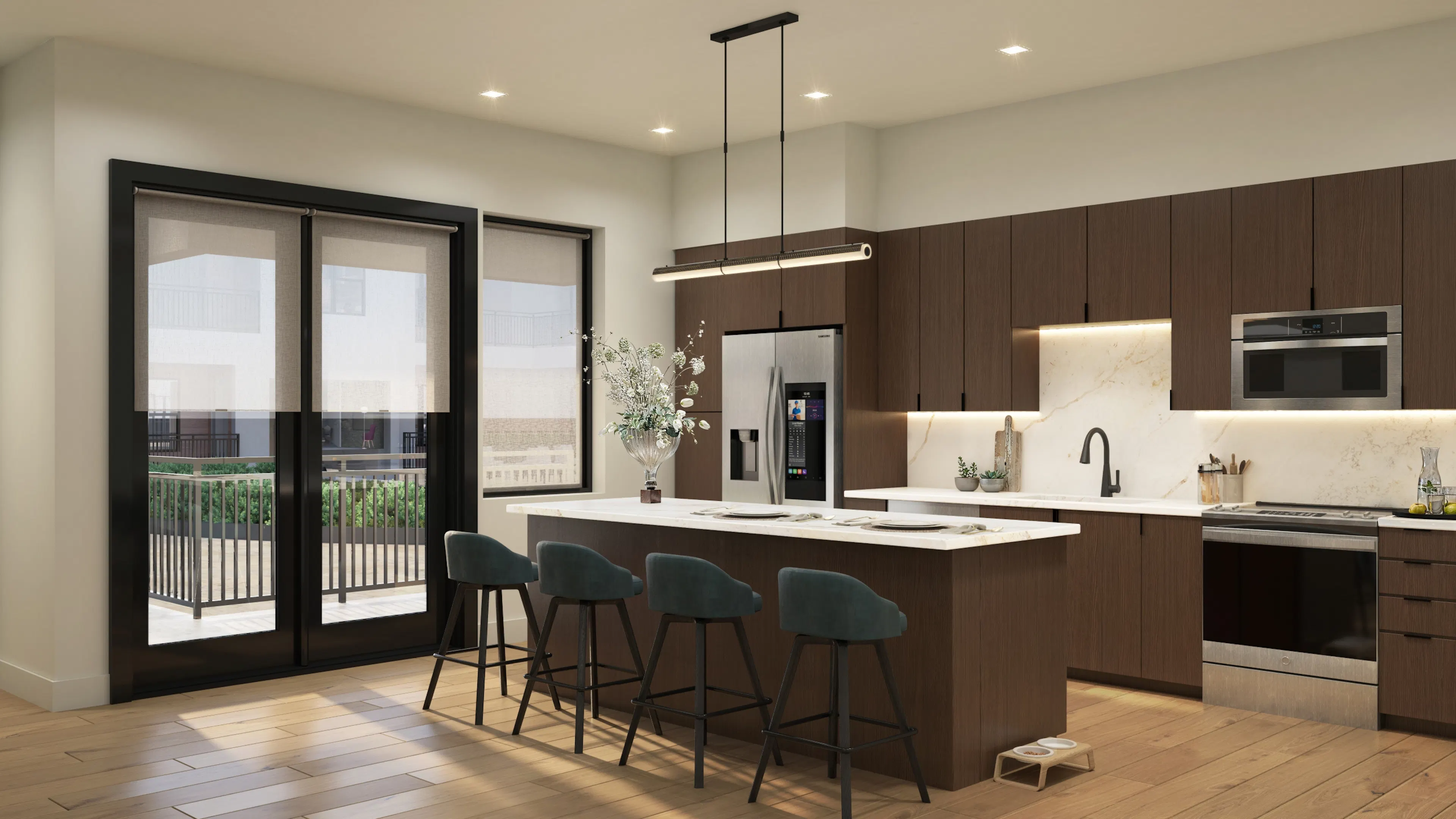 Modern kitchen rendering at AMLI Park Central featuring dark wood cabinets, a marble island with blue barstools, and a glass balcony door.