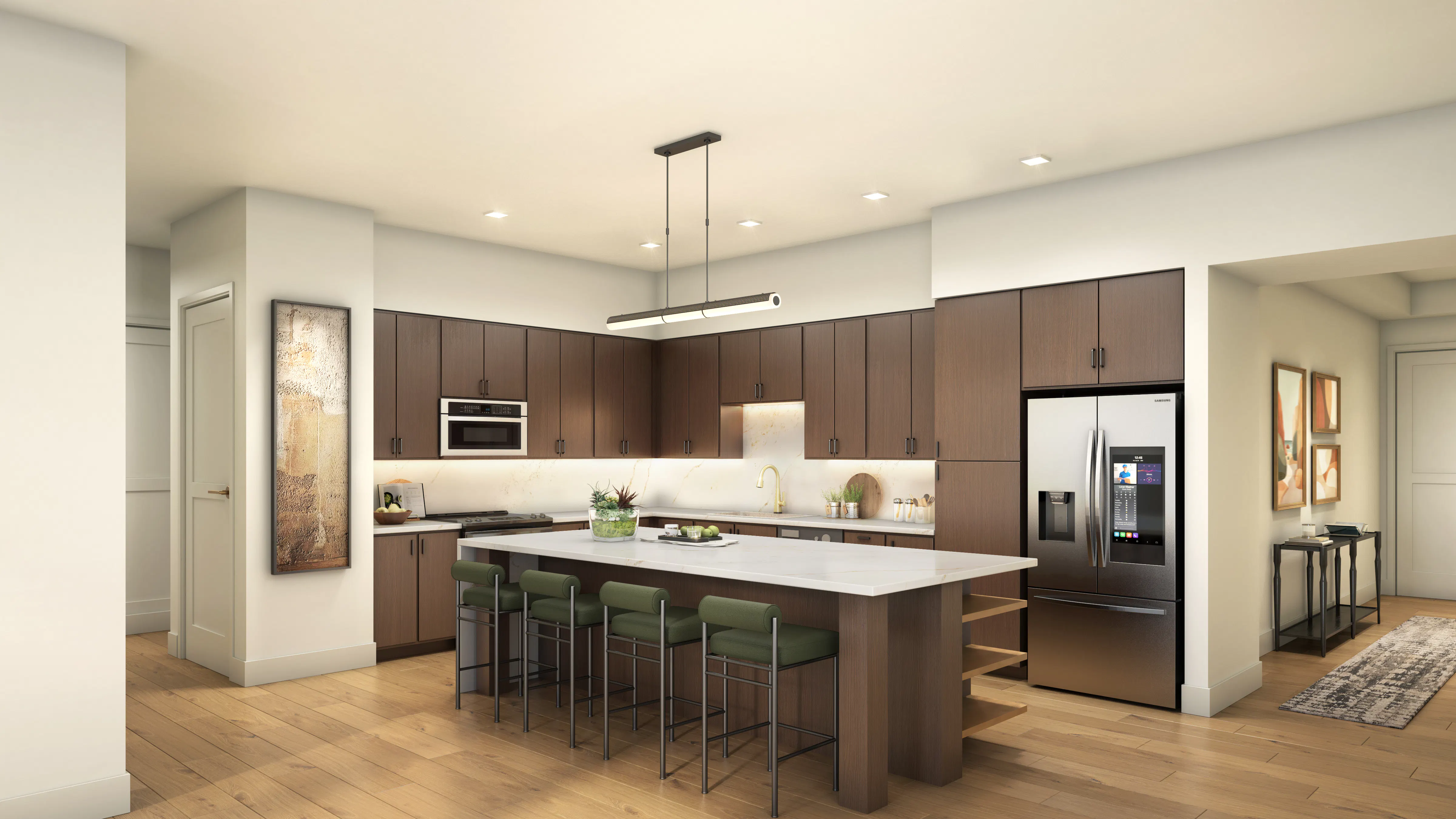 Modern kitchen rendering at AMLI Park Central featuring dark wood cabinets, a marble island with green barstools, and a smart refrigerator.