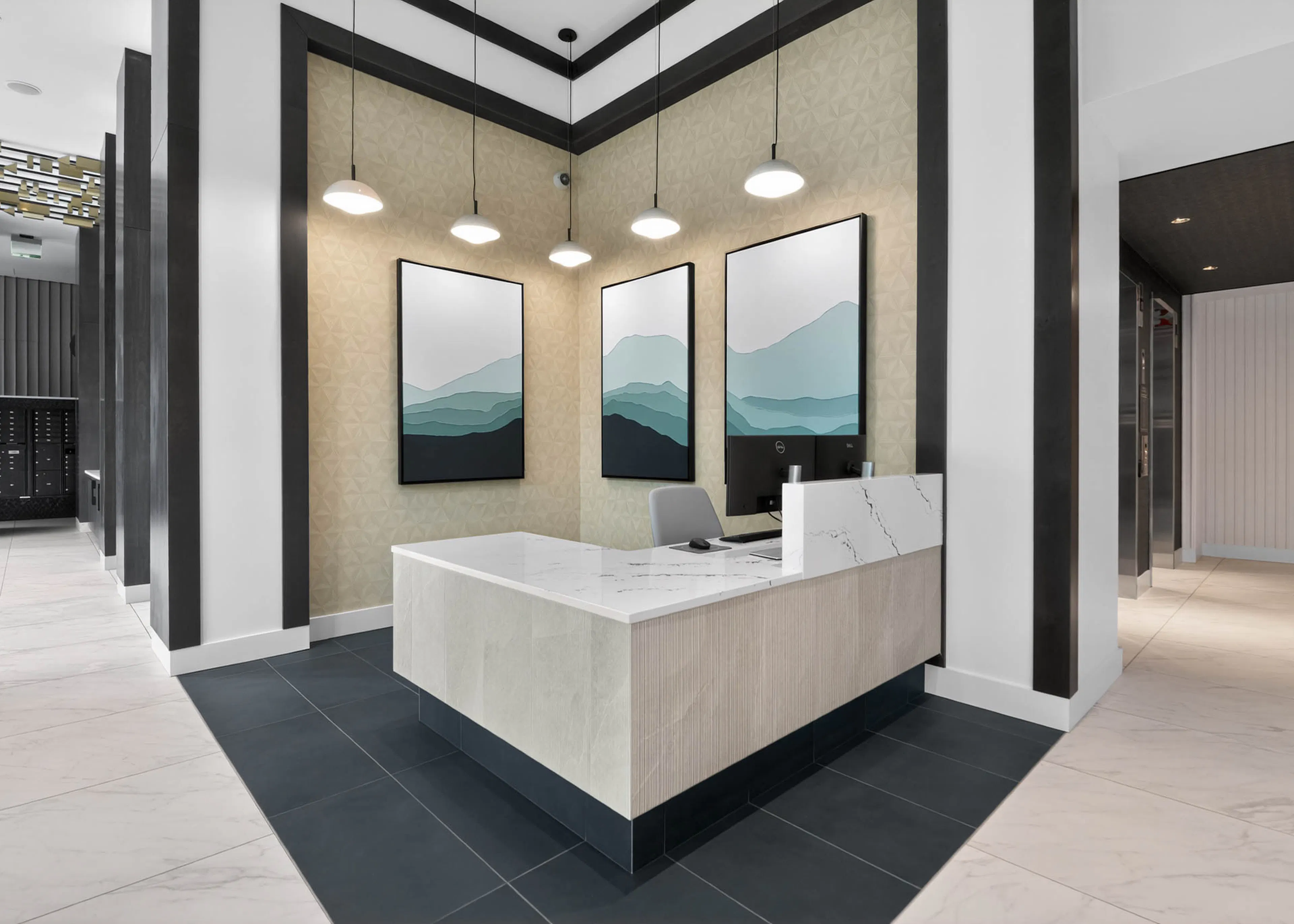 Private conference room at AMLI Golden Triangle apartments with round table wall mounted screen and window views