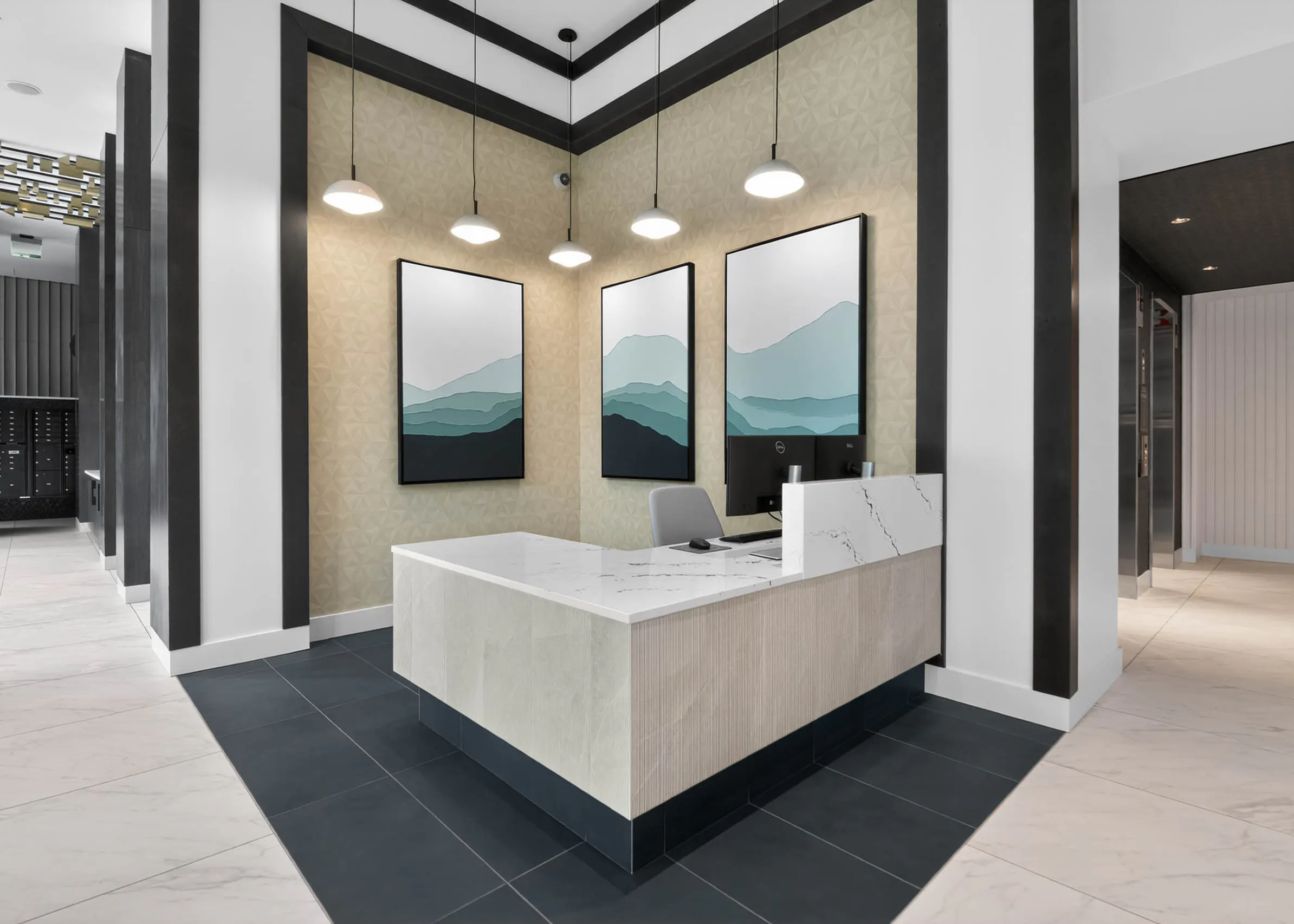 Private conference room at AMLI Golden Triangle apartments with round table wall mounted screen and window views