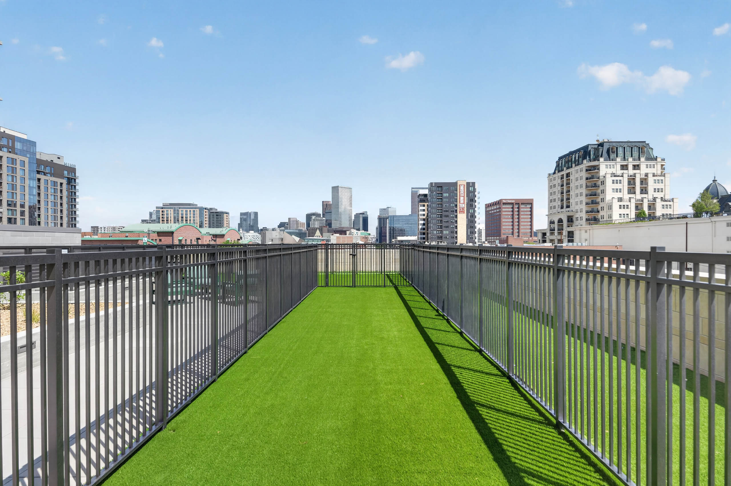 Resident dog run at AMLI Golden Triangle apartments with fenced turf area long walkway and downtown skyline views