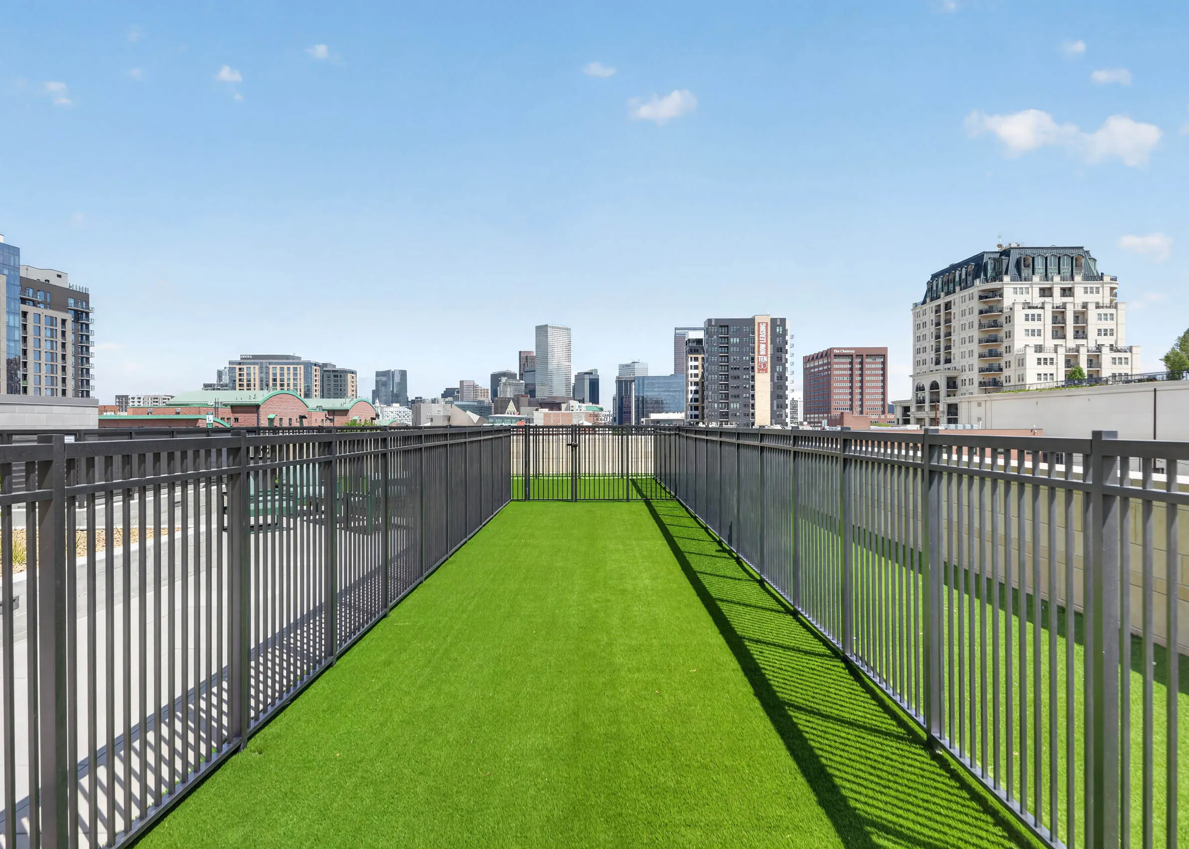 Resident dog run at AMLI Golden Triangle apartments with fenced turf area long walkway and downtown skyline views