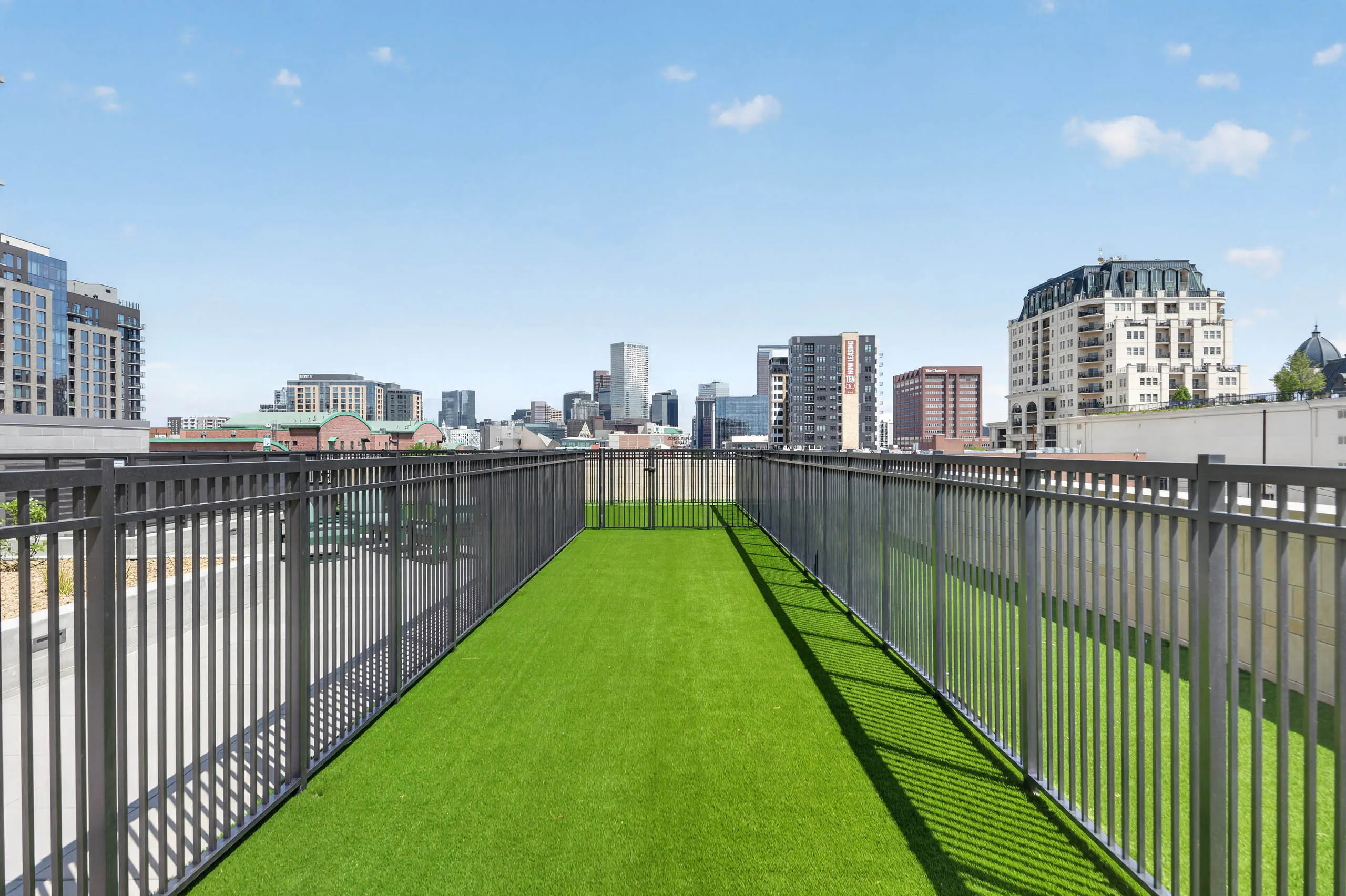 Resident dog run at AMLI Golden Triangle apartments with fenced turf area long walkway and downtown skyline views