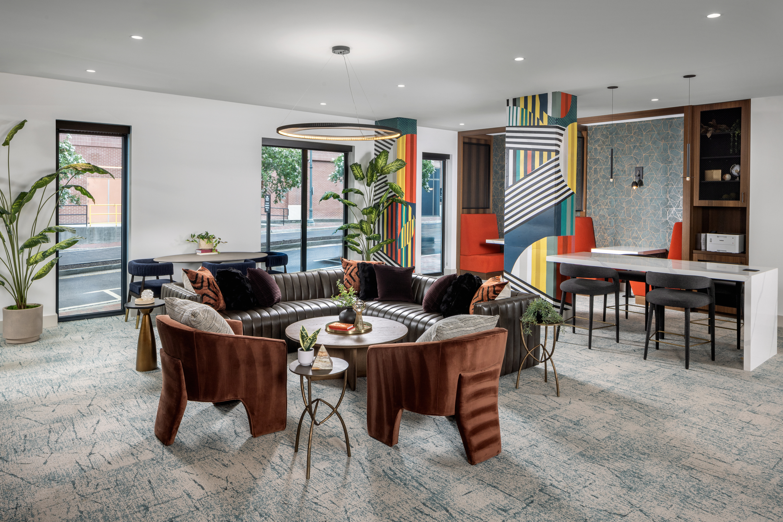 Coworking lounge with private conference rooms