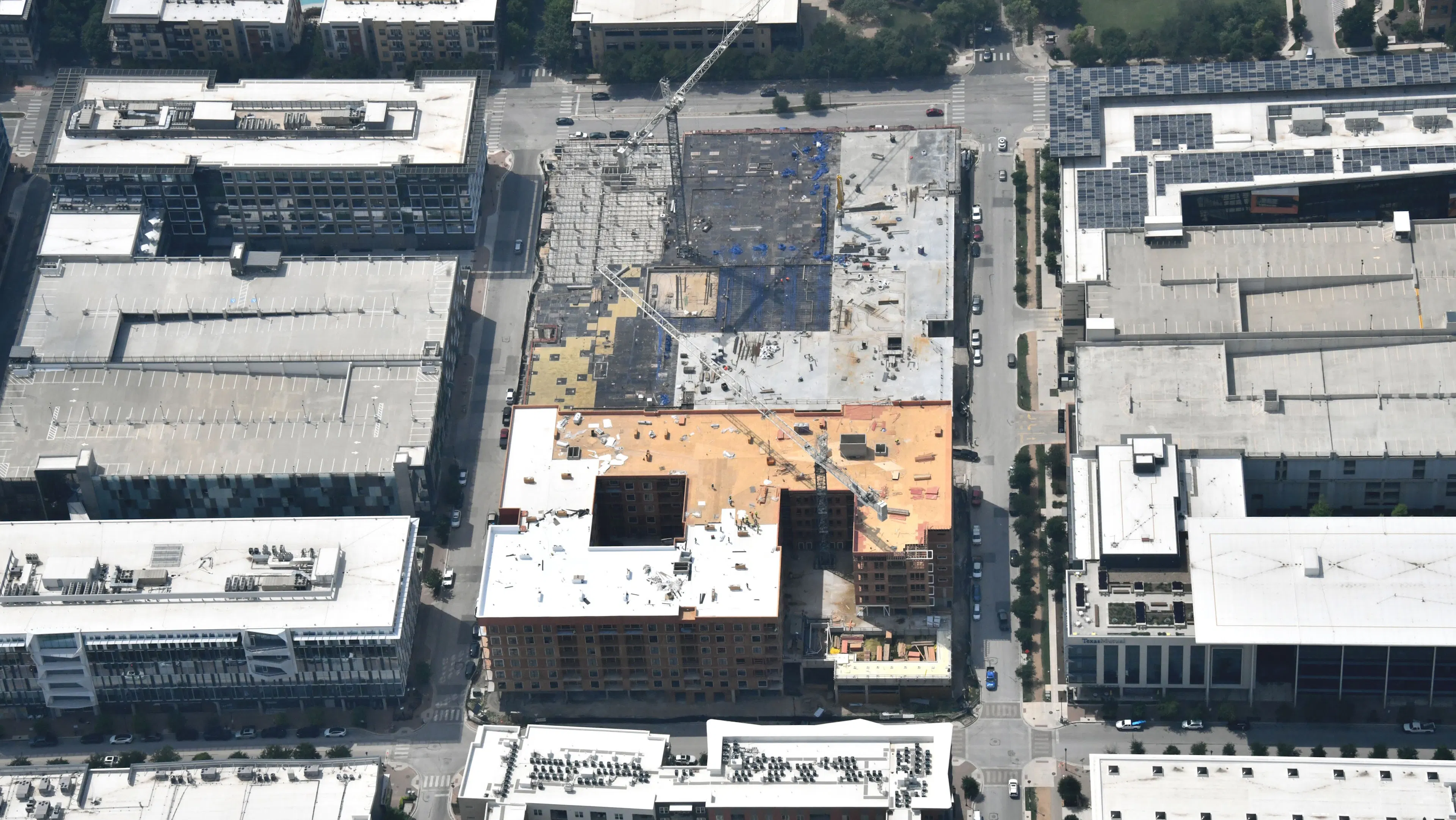 Aerial view of AMLI Park Central with the west building concrete deck pours being prepared.
