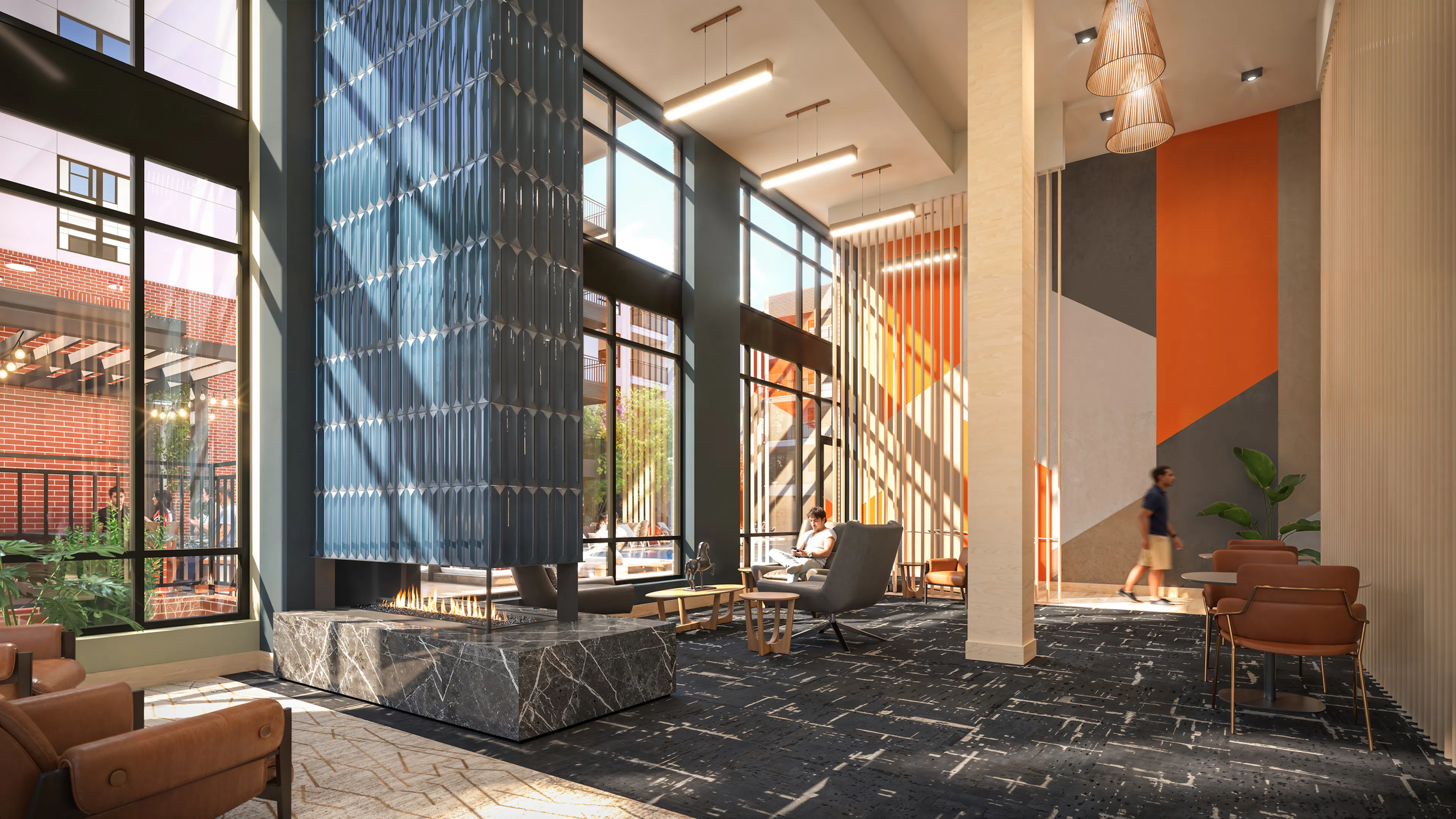 Modern lobby rendering for AMLI Village Park with sleek furniture, high ceilings and windows, and contemporary lighting.