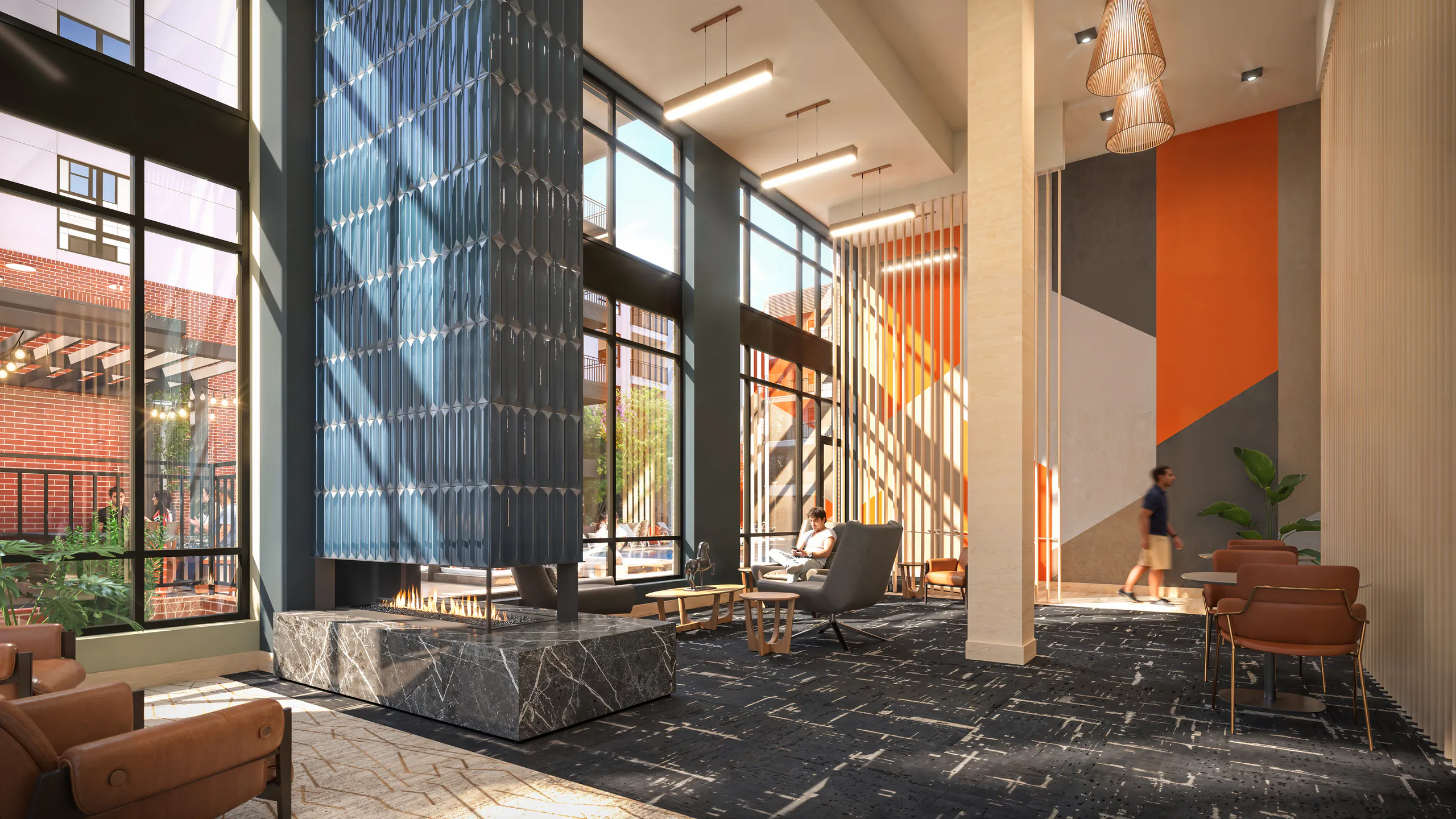 Modern lobby rendering for AMLI Village Park with sleek furniture, high ceilings and windows, and contemporary lighting.