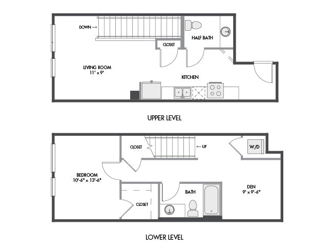 A6DT floor plan, 1 Bedroom, 1.5 Bathroom, Den/Office, Townhome at AMLI Spring District apartments
