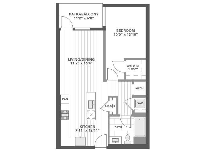 A3b floor plan, 1 Bedroom, 1 Bathroom at AMLI Old Pasadena apartments