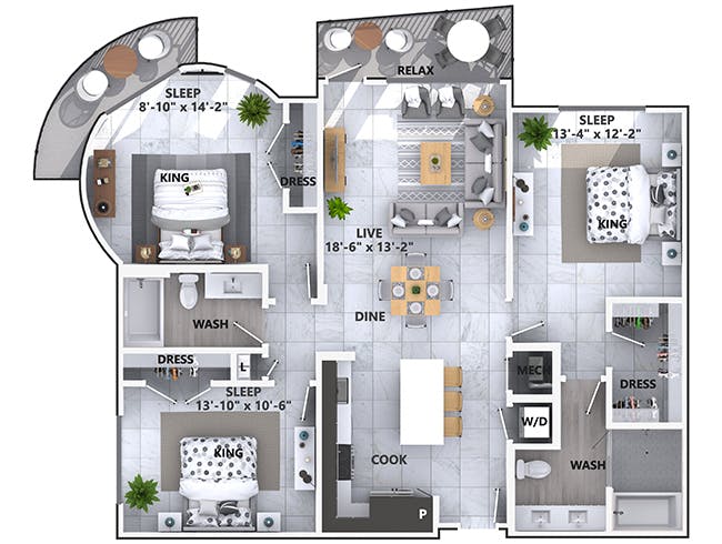 D4 floor plan, 3 Bedroom, 2 Bathroom at AMLI Park West apartments