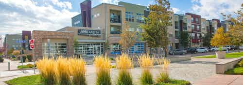 Daytime exterior of AMLI Arista apartment building main entrance with several trees and plants and sidewalks and blue sky