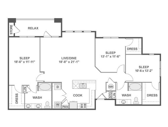 D7 floor plan, 3 Bedroom, 2 Bathroom at AMLI on Riverside apartments