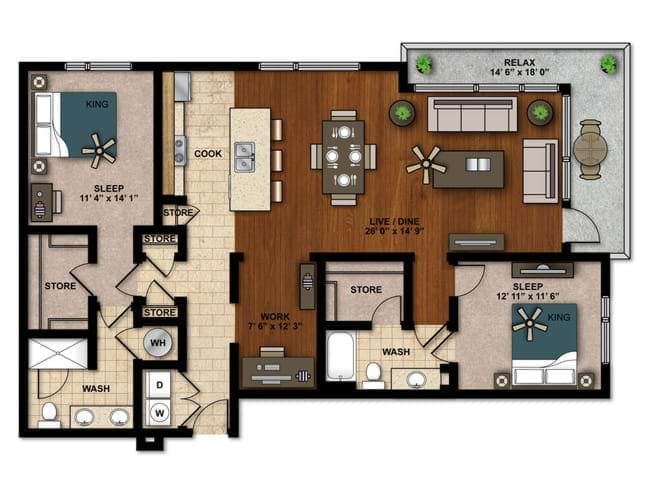 Panache floor plan, 2 Bedroom, 2 Bathroom at AMLI Ponce Park apartments