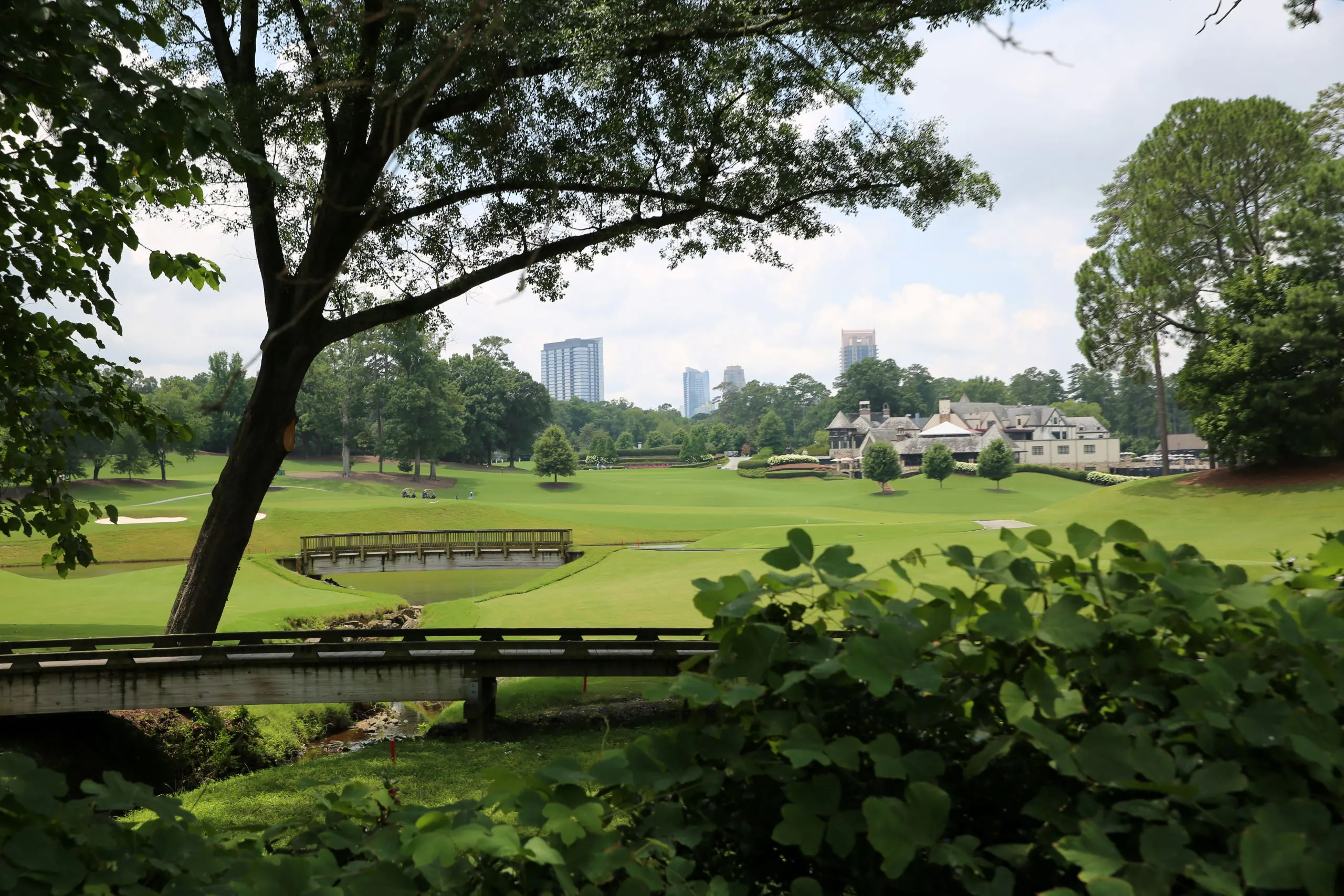 Scenic daytime view of Brookhaven skyline and  golf course and clubhouse from shrubbery behind a bridge