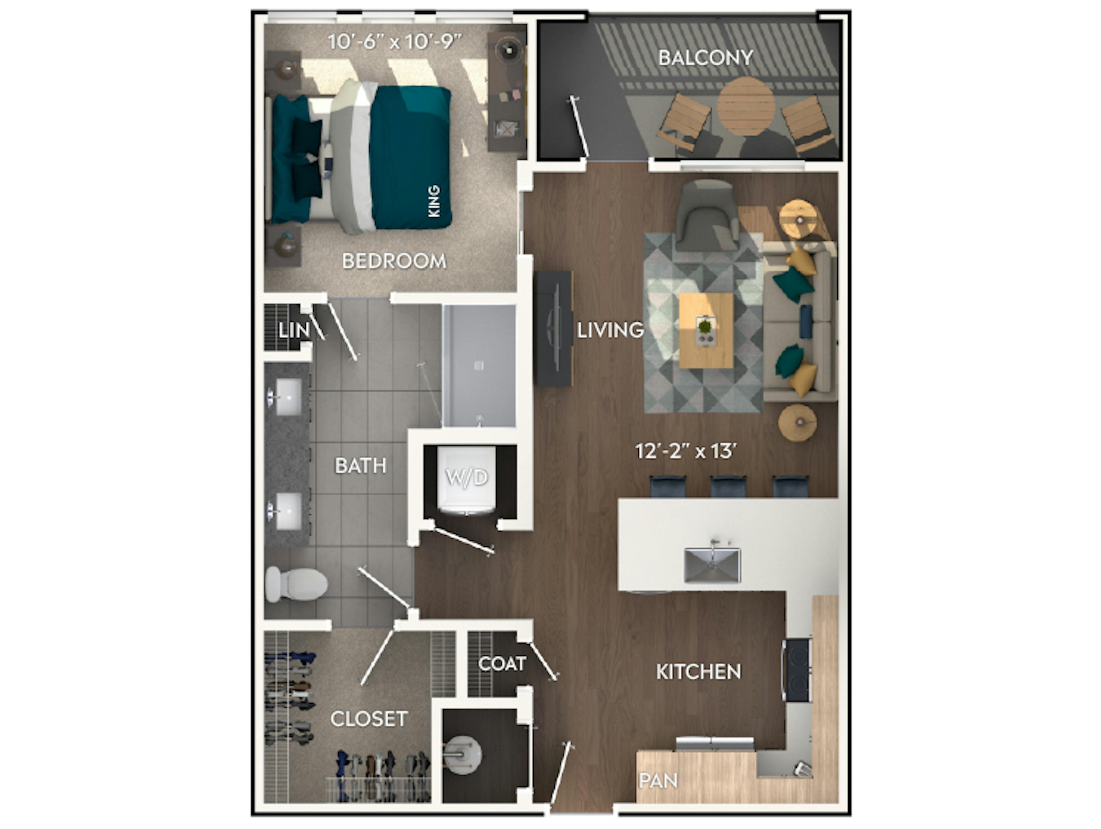 A2a floor plan, 1 Bedroom, 1 Bathroom at AMLI Flatiron apartments