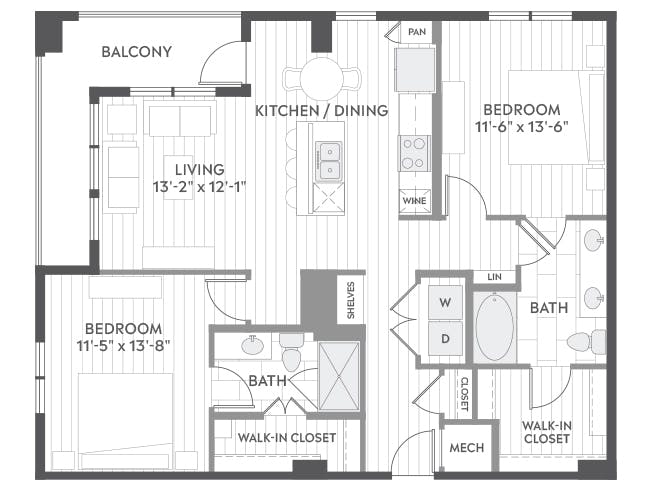 C5a floor plan, 2 Bedroom, 2 Bathroom at AMLI Branch Park apartments
