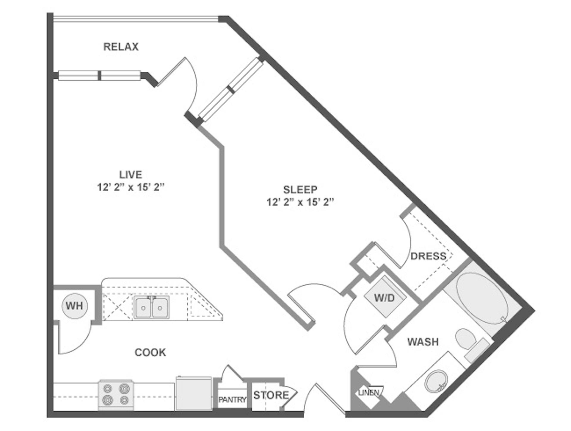 A3 floor plan, 1 Bedroom, 1 Bathroom at AMLI at Mueller apartments