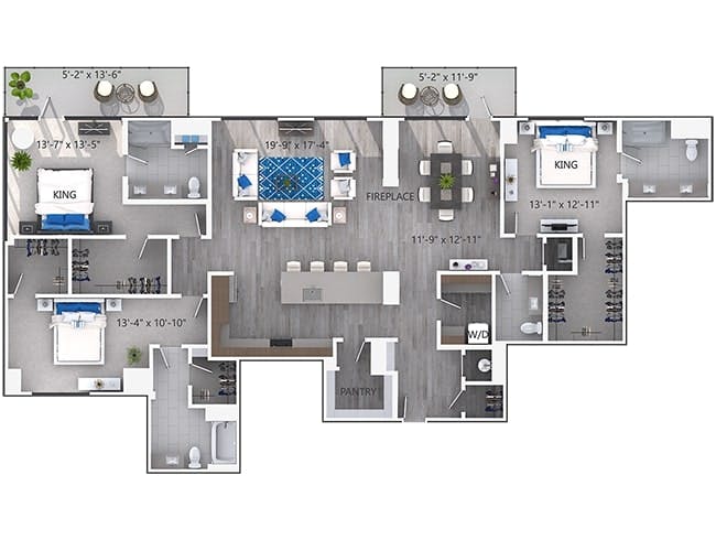 D14P floor plan, 3 Bedroom, 2 Bathroom, Tower, Penthouse at AMLI Lenox apartments