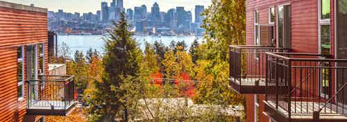 View of AMLI Wallingford Lake Union and Downtown Seattle on a beautiful sunny day in Seattle