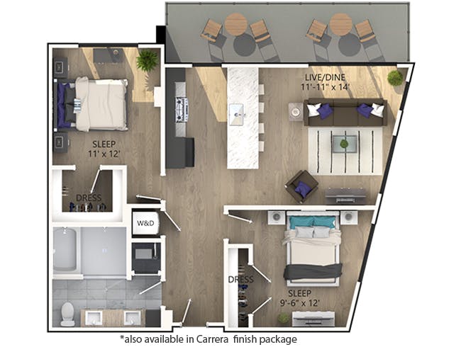B4 floor plan, 2 Bedroom, 1 Bathroom at AMLI Midtown Miami apartments