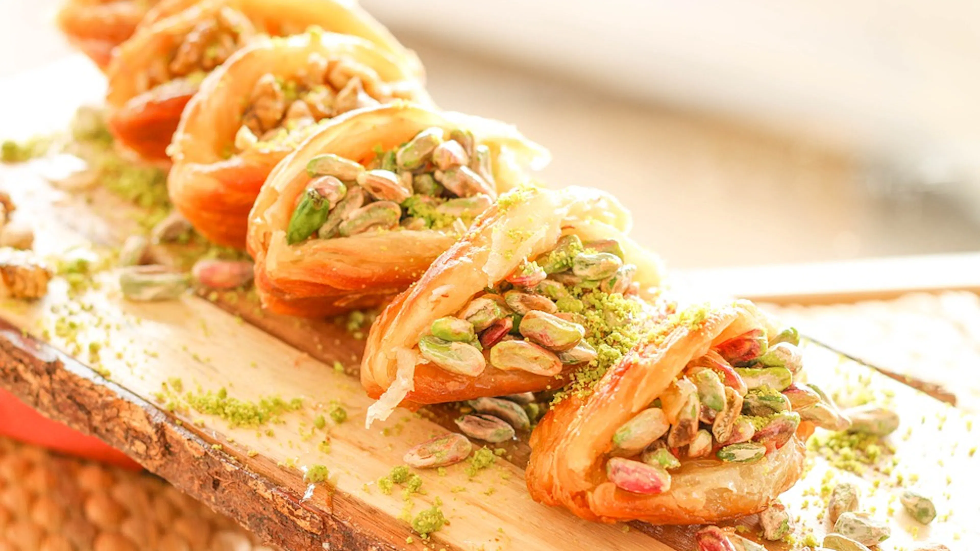 A line of six flaky baklava stuffed with pistachios and rose