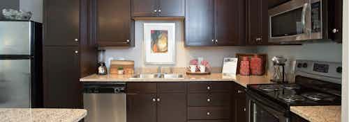 Interior close up of dark wood cabinets in spacious AMLI 5350 kitchen with stainless steel appliances and granite countertops