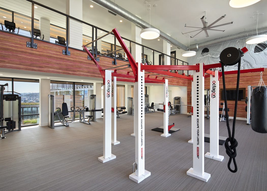 Interior of AMLI Marina Del Rey apartment fitness center with strength workout equipment and motion cage facing the marina