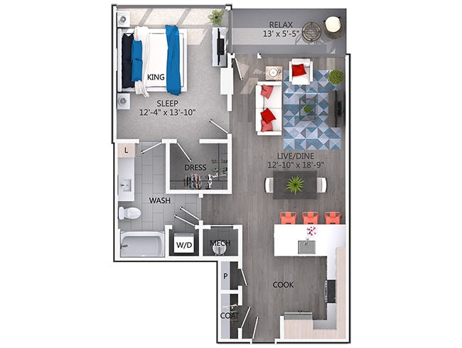 A4 floor plan, 1 Bedroom, 1 Bathroom at AMLI Arts Center apartments