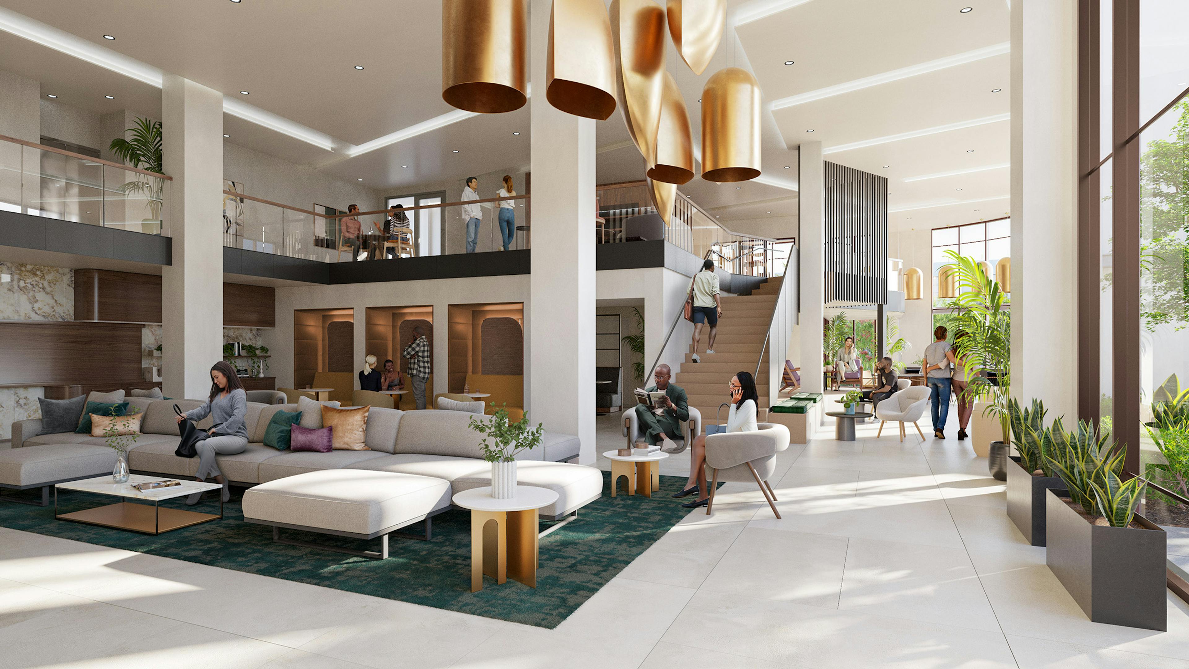 Rendering of AMLI Aero two story lobby with people sitting and socializing in plush seating areas on first floor and above