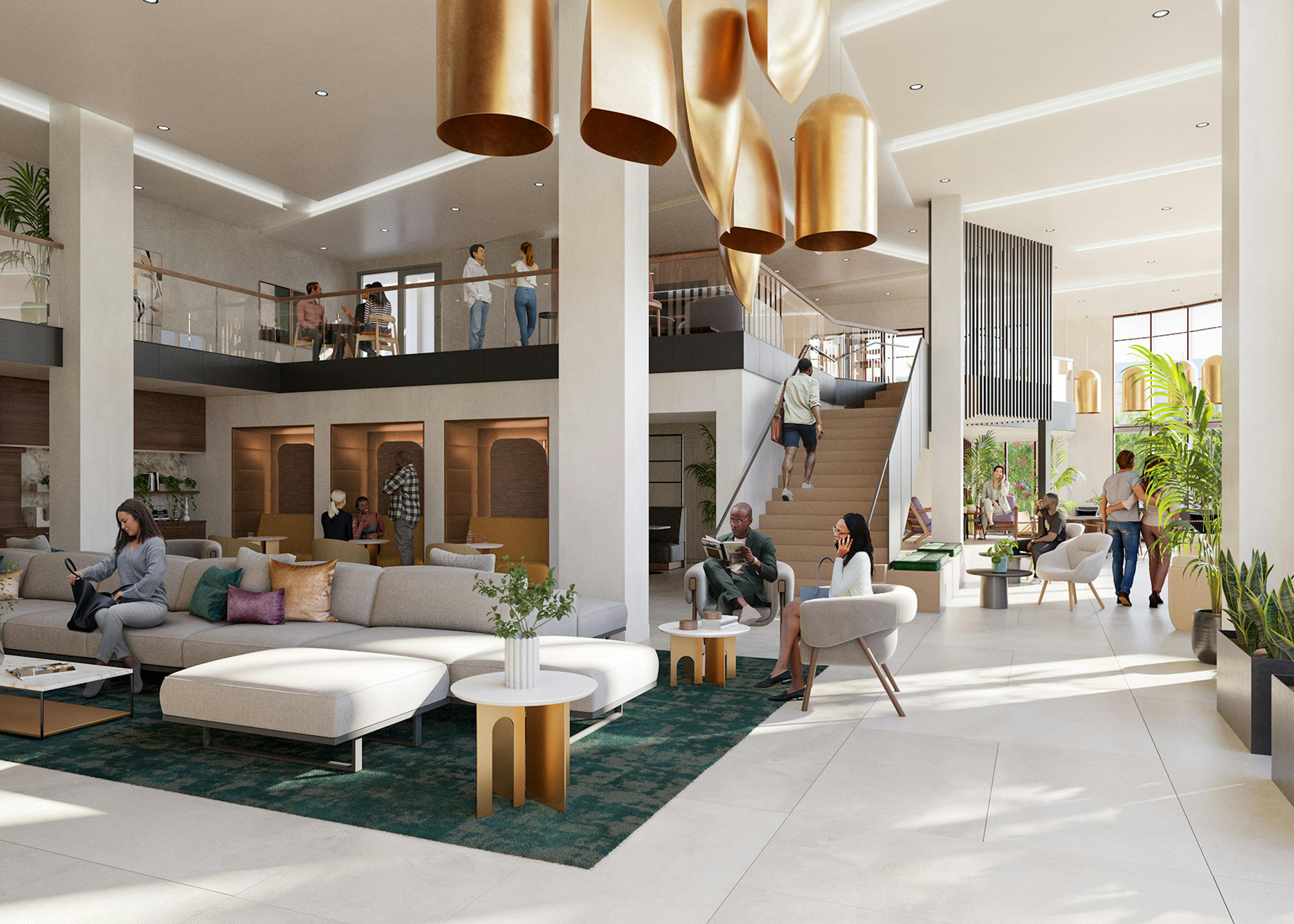 Rendering of AMLI Aero two story lobby with people sitting and socializing in plush seating areas on first floor and above
