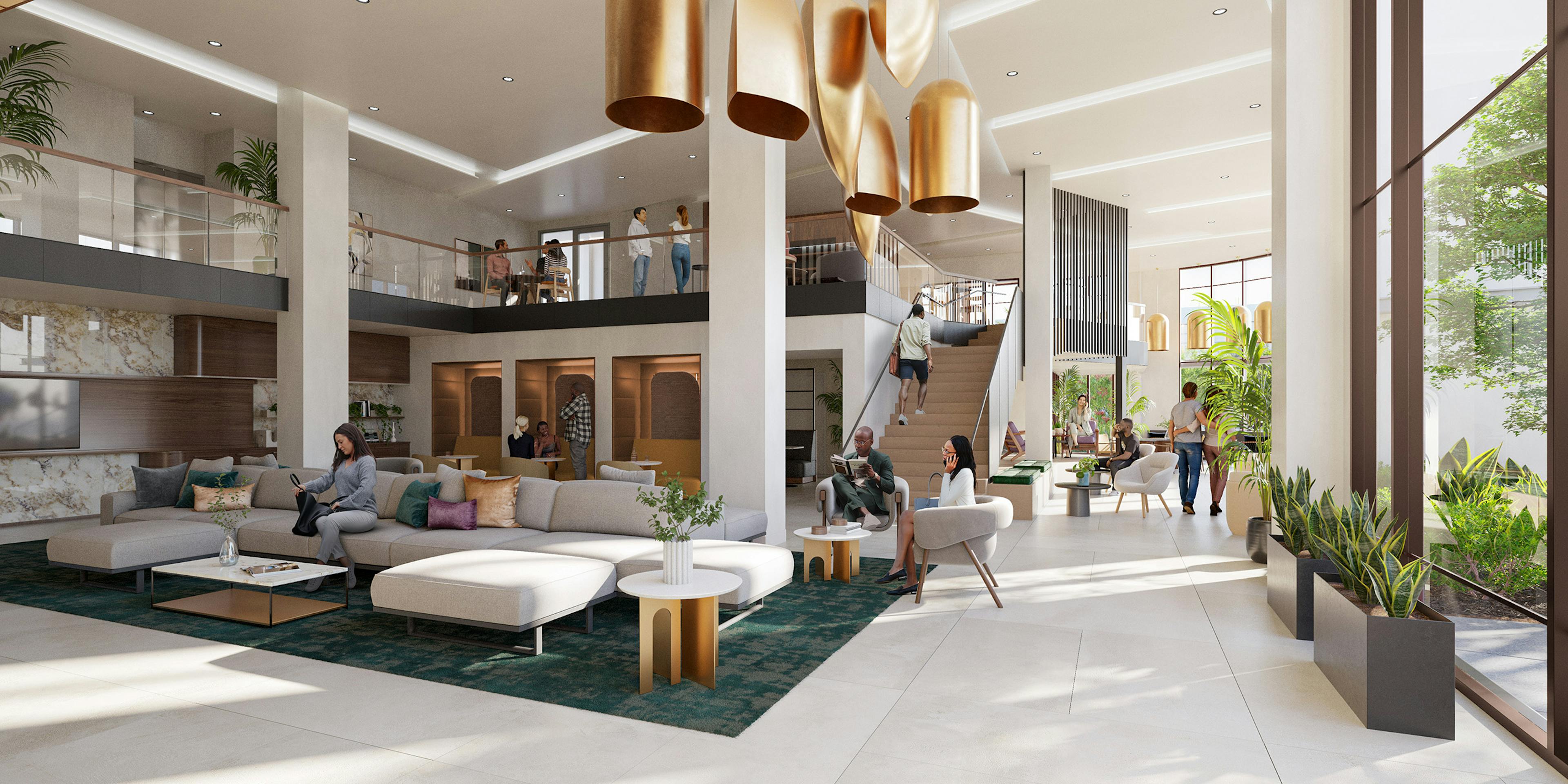 Rendering of AMLI Aero two story lobby with people sitting and socializing in plush seating areas on first floor and above