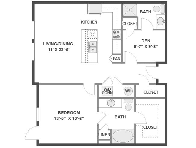 A5D floor plan, 1 Bedroom, 2 Bathroom, Den/Office at AMLI 300 apartments