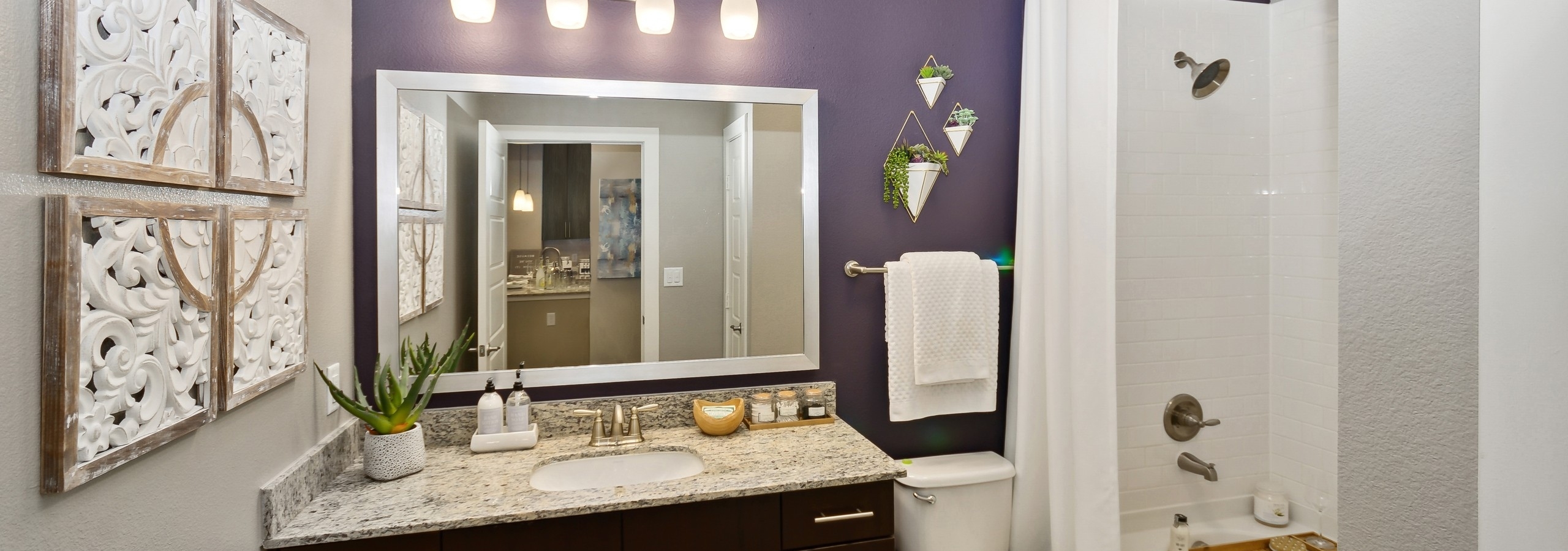 Bathroom at AMLI Campion Trail with granite countertop and framed mirror on purple wall and oval garden tub