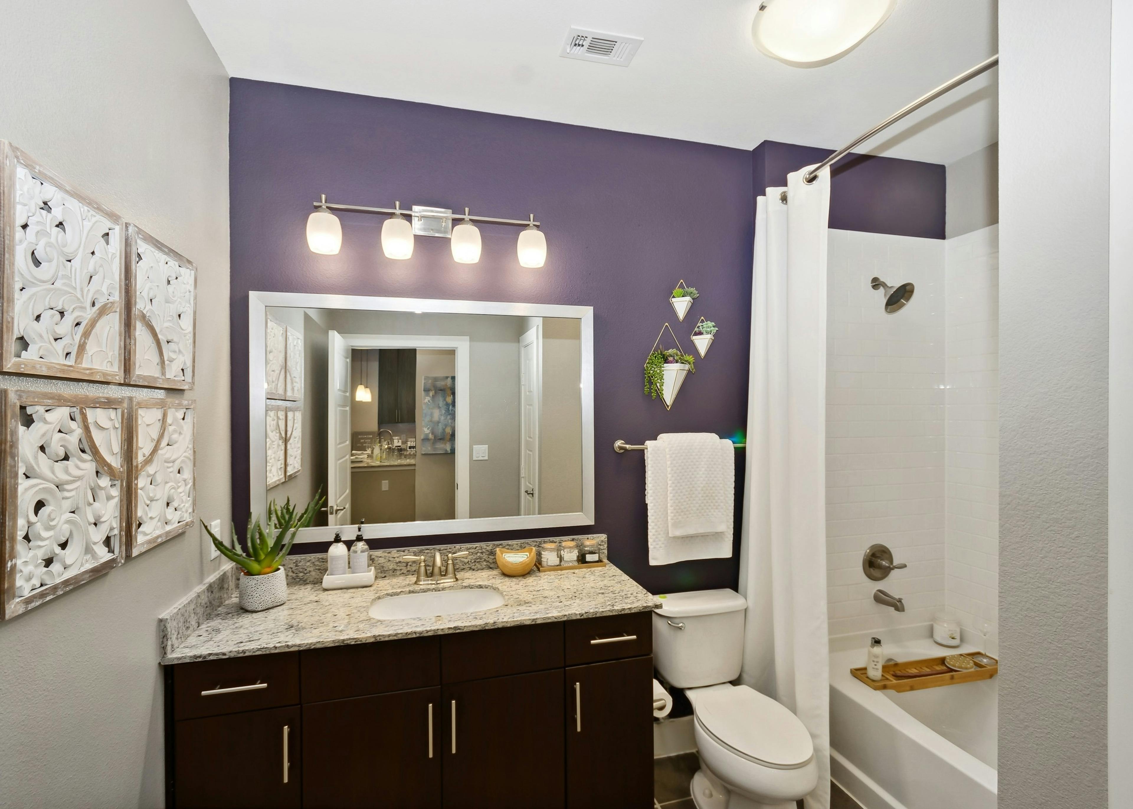 Bathroom at AMLI Campion Trail with granite countertop and framed mirror on purple wall and oval garden tub