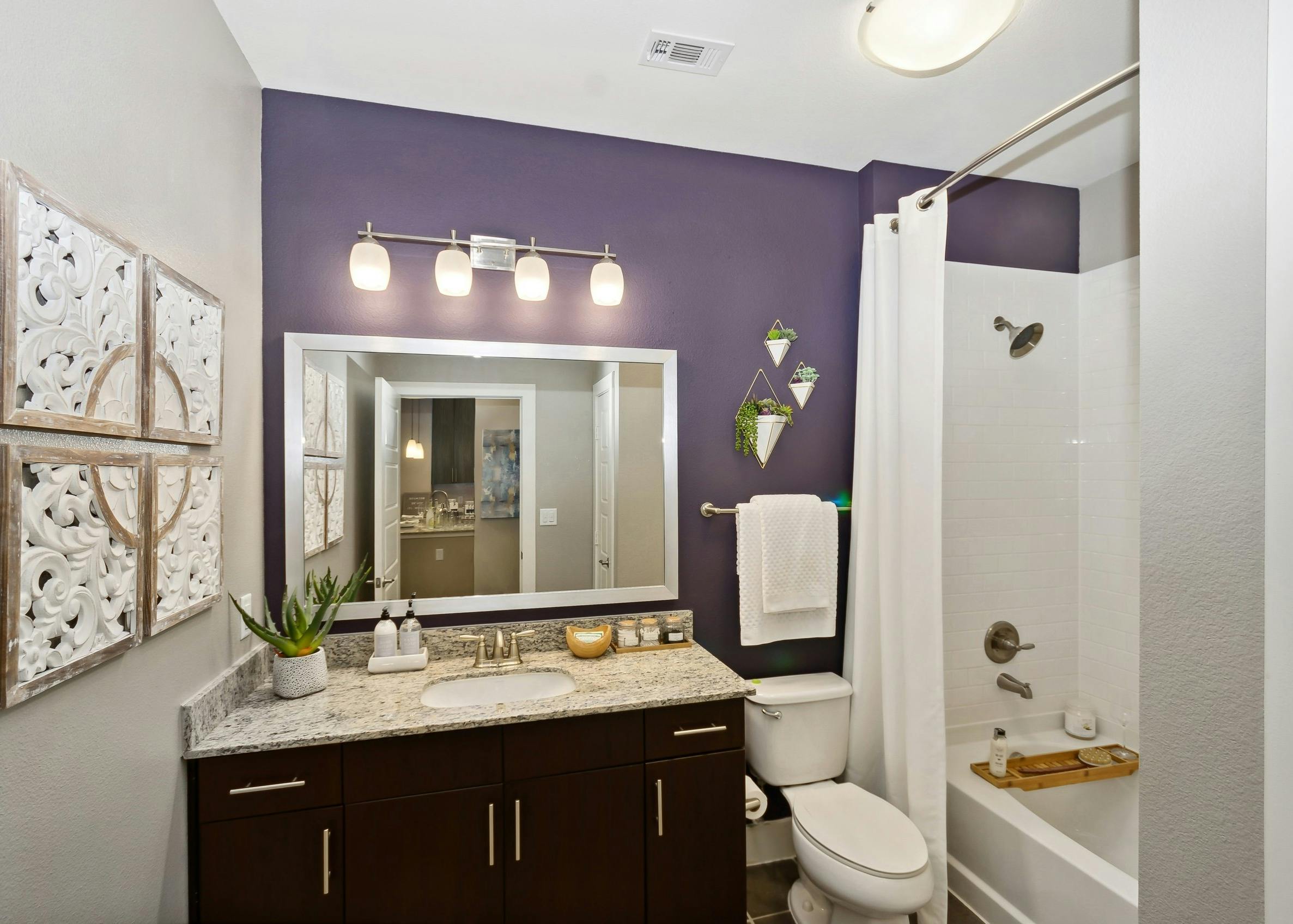 Bathroom at AMLI Campion Trail with granite countertop and framed mirror on purple wall and oval garden tub