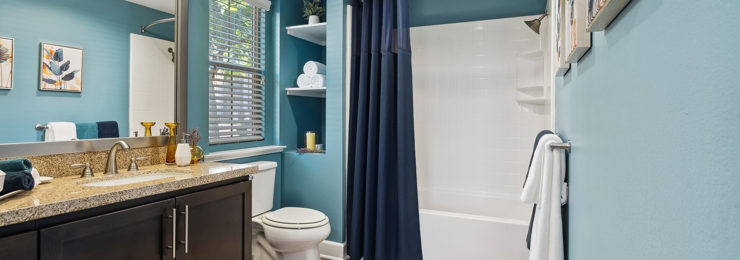 Interior view of bathroom at AMLI Spanish Hills apartments with dark brown wood vanity and granite countertop and blue walls